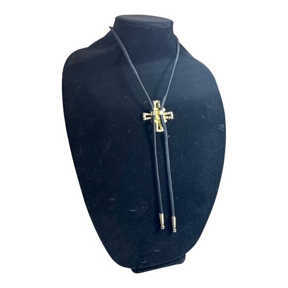 Vintage Maltese Cross Black Bolo Tie Rhinestone Pendant & Cord Men Women Fancy - Picture 6 of 7